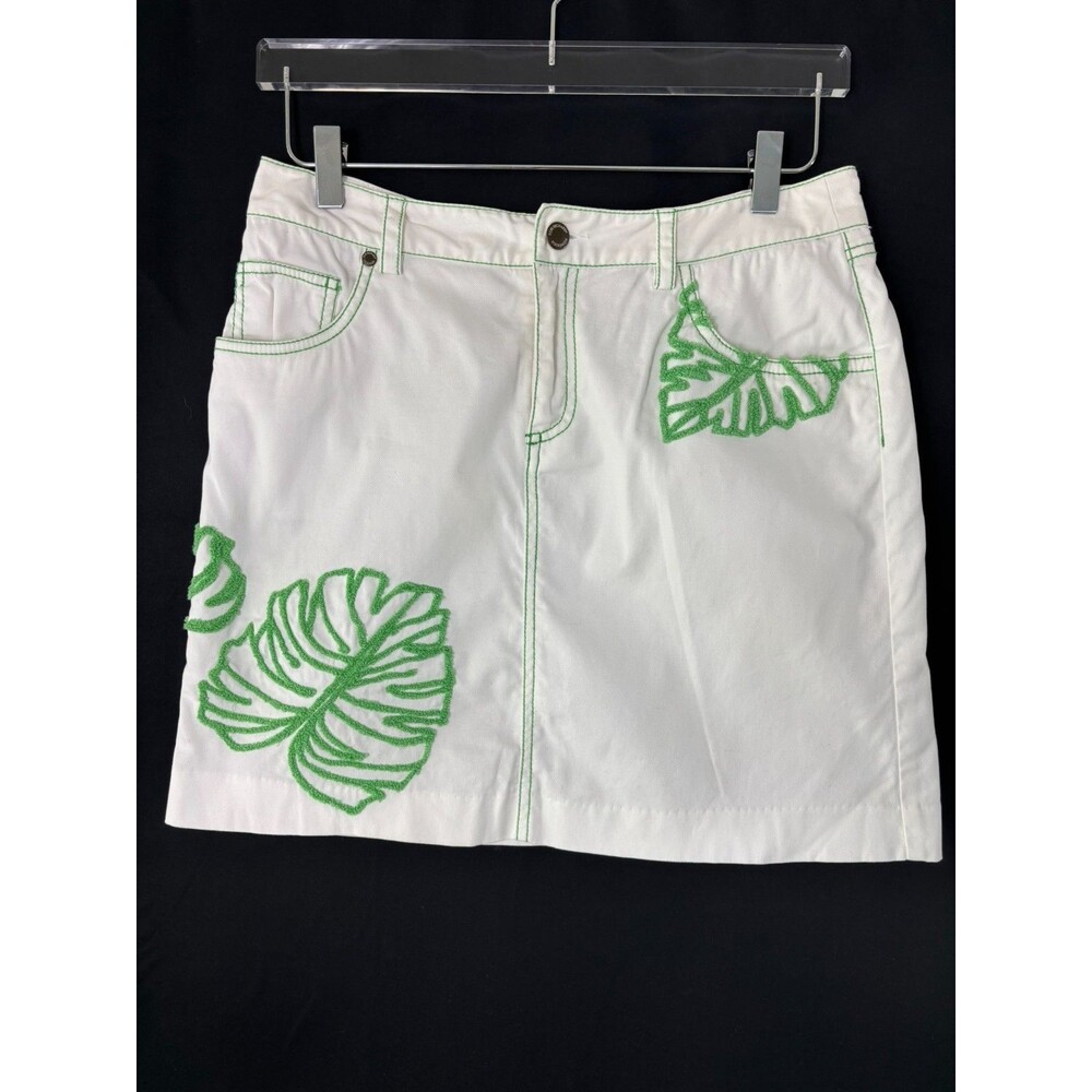 Y2K Tori Richard Mini Skirt 6 White Terry Cloth 3D Tropical Leaf Print Canvas
